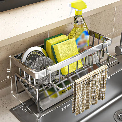 Stainless steel sink caddy sponge holder with towel bar, about 9.1 x 3.5 x 4.3 inches